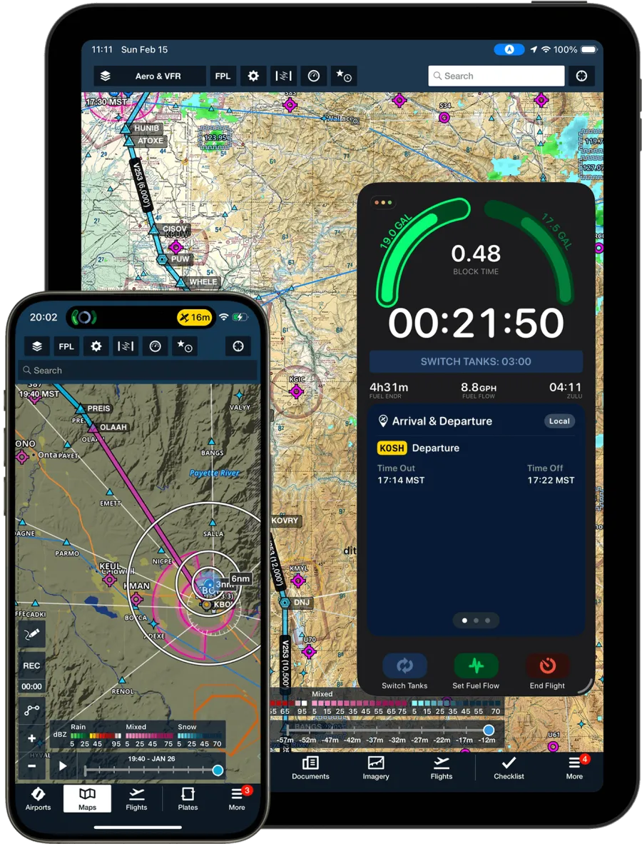 SkyTimer in Slide Over on iPad beside ForeFlight, and SkyTimer's flight timer in the iPhone Dynamic Island while ForeFlight is open.
