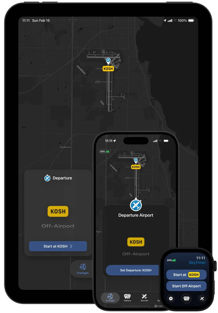 SkyTimer on iPad, iPhone, and Apple Watch detecting departure airport KOSH, with a button to start the flight there.
