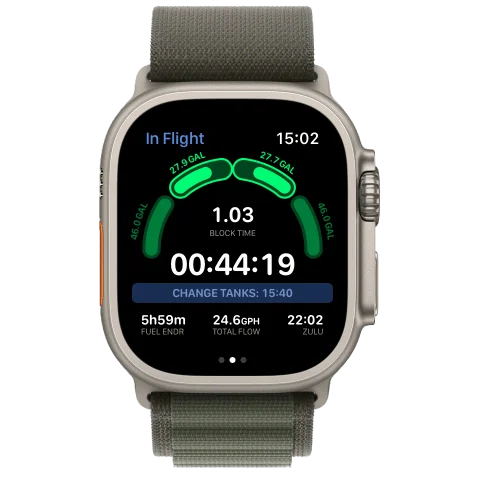 SkyTimer on Apple Watch Ultra in flight, showing four tanks, block time, and a change-tanks countdown.
